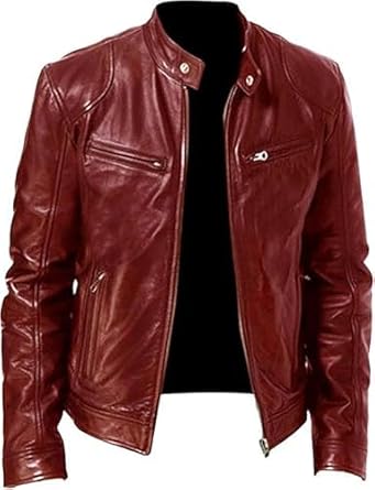Men Faux Leather Jacket Stand Collar Motorcycle Leather Jackets Casual Lightweight Zip Up Biker Coat