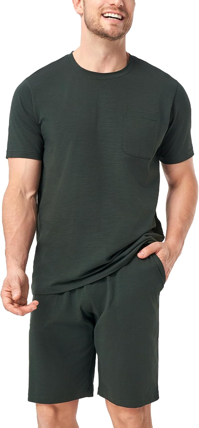Mens Pajamas Set Short Sleeve Summer Pajamas Soft Cotton Pajamas for Men Lightweight Lounge Set with Pockets