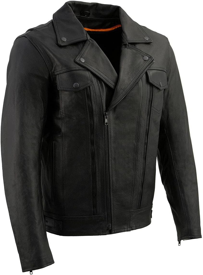 Men Black Leather Motorcycle Riders Jacket w/Multi-Utility Pockets