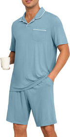 Mens Pajamas Set Summer Pjs Sets Lightweight Short Sleeve Pajama Soft Sleepwear Loungewear with Pockets