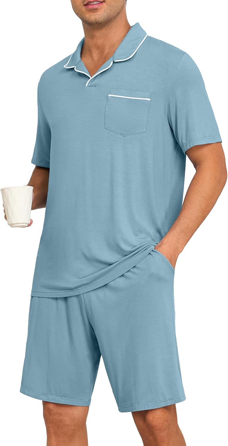 Mens Pajamas Set Summer Pjs Sets Lightweight Short Sleeve Pajama Soft Sleepwear Loungewear with Pockets