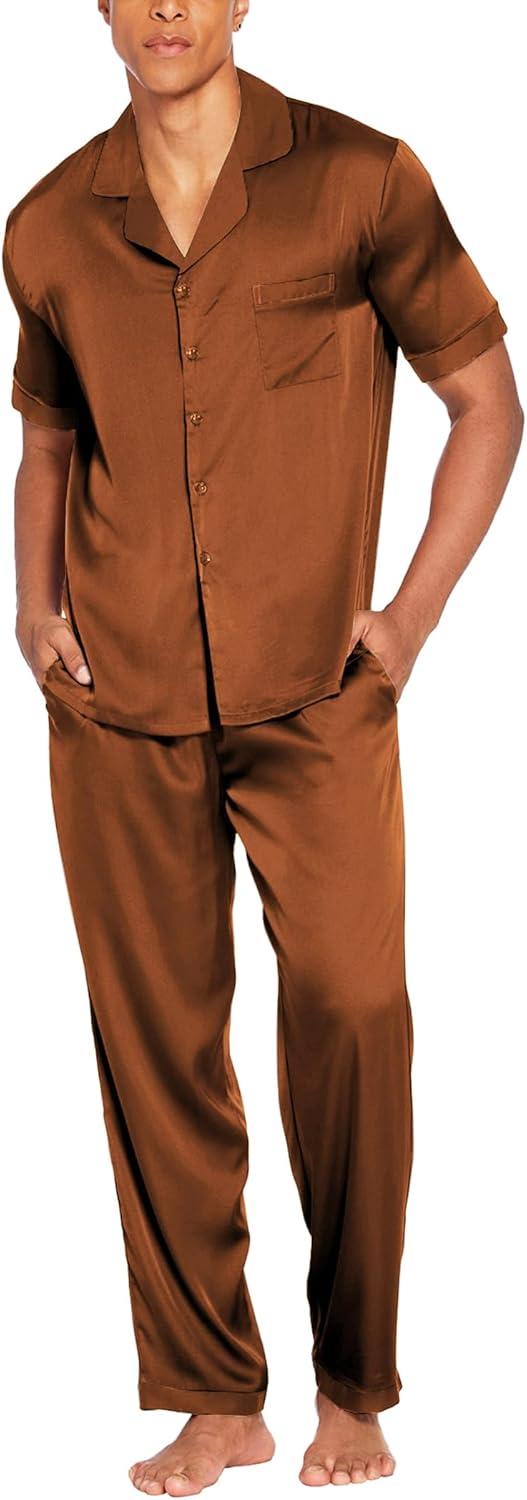 Men Satin Silk Pajamas Set 2 Piece Button Down Sleepwear Long Pants Loungewear with Pockets