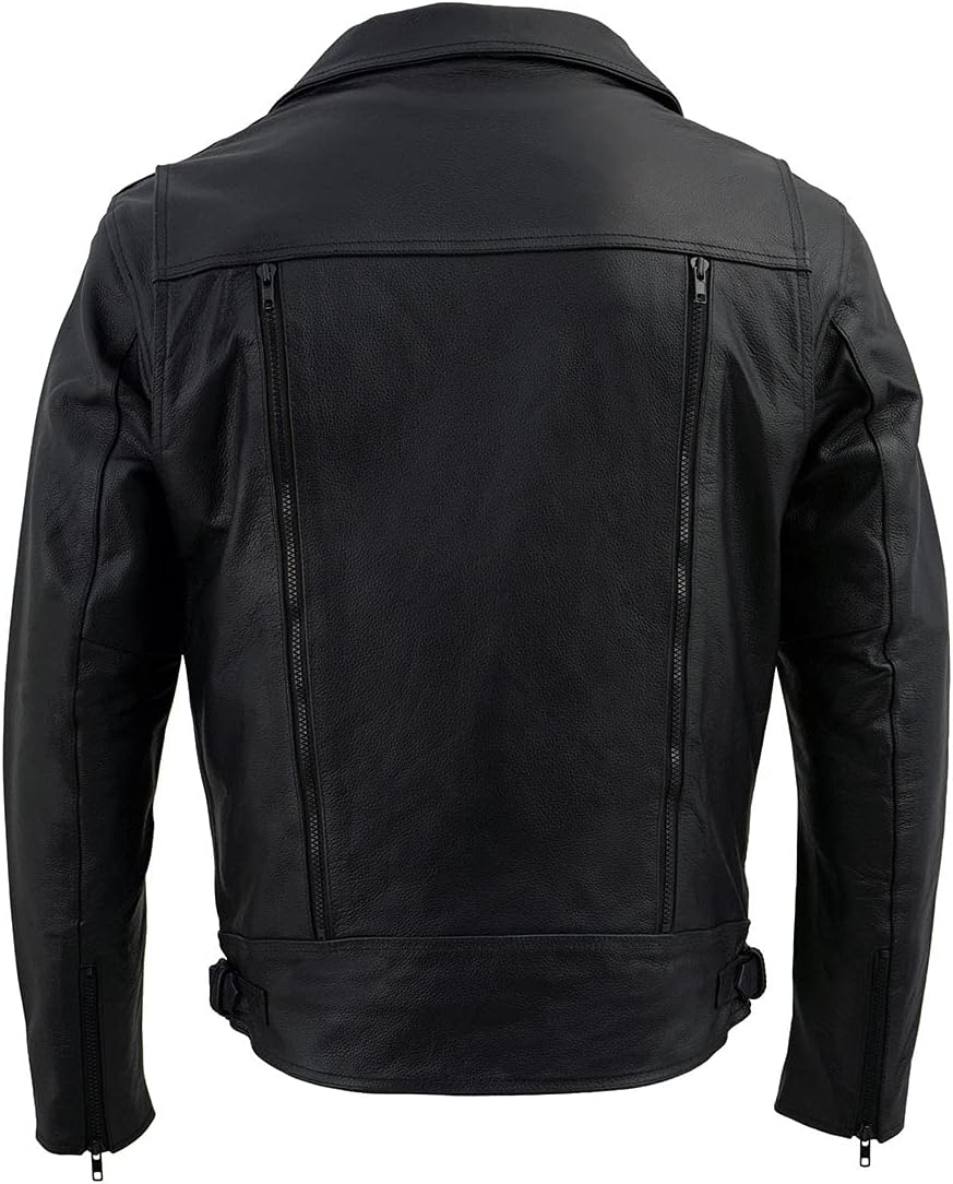 Men Black Leather Motorcycle Riders Jacket w/Multi-Utility Pockets