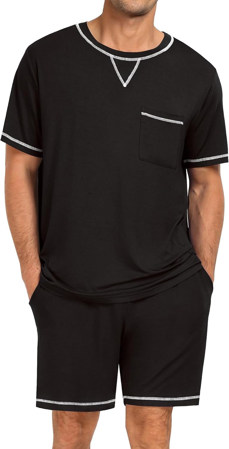 Men Modal Pajamas Set Comfy Sleepwear Short Sleeve Pjs Set Soft 2 Piece Lounge Set Cozy Nightwear with Pockets