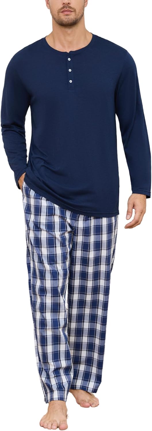 Mens Pajama Set Long Sleeve, Pajamas Made from Bamboo Pulp Viscose and Cotton Lightweight PJS for Men
