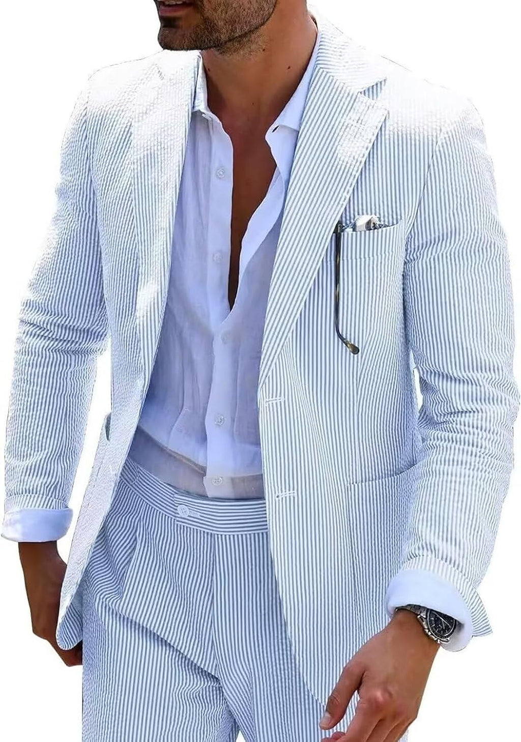 Seersucker Slim Suits for Men Formal Casul Summer Beach Wedding Grooms 2 Piece Blazer Pants Party Striped Suit Sets