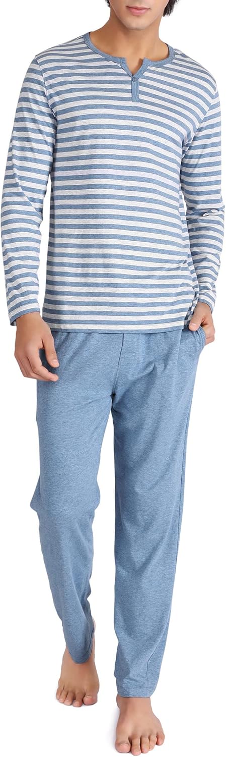 Men's Pajamas Set Soft Cotton Long Sleeve Sleepwear Comfy Loungewear Pjs with Pockets