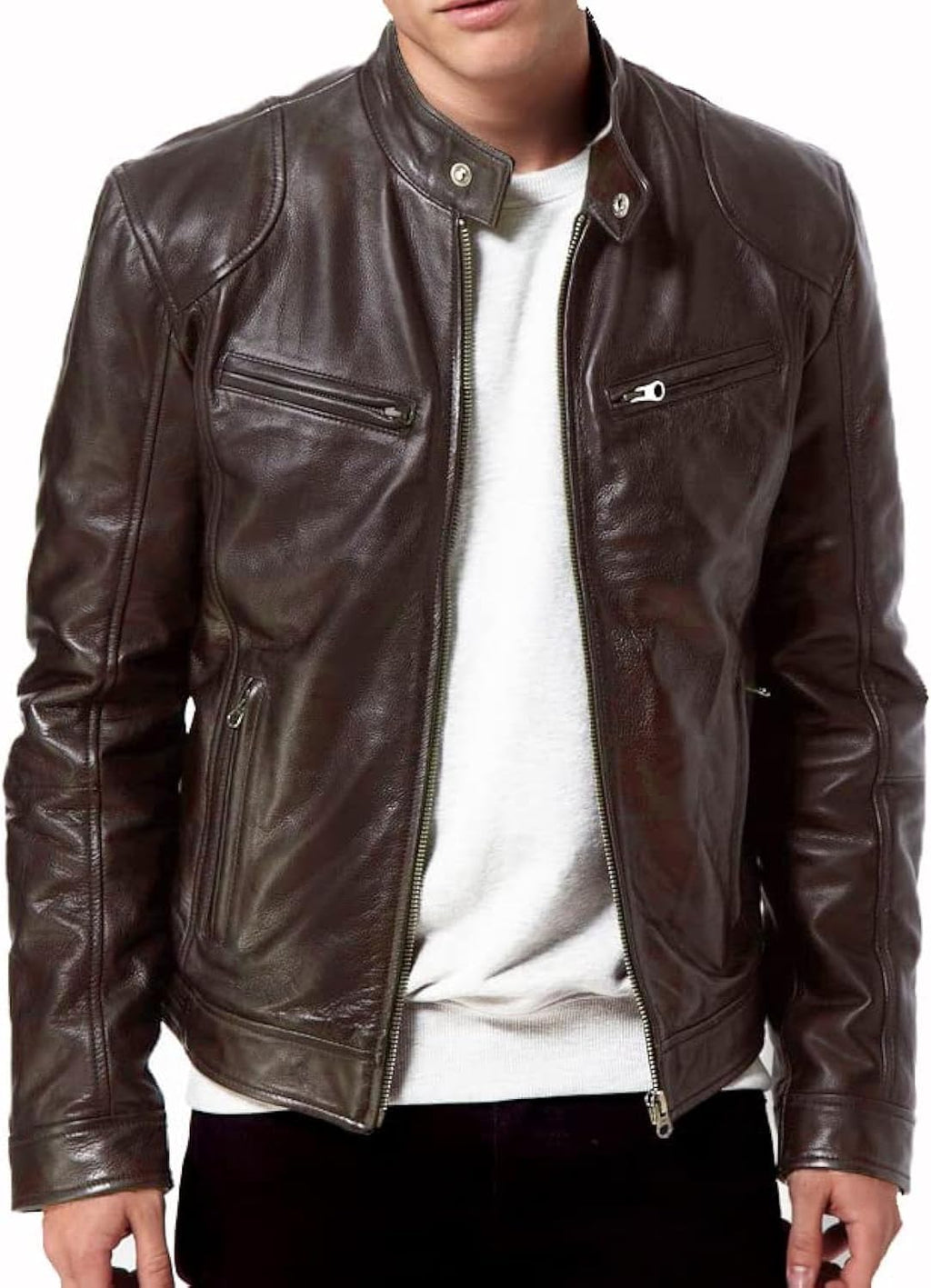 Men Black Genuine Lambskin Leather Biker Jacket  BROWN MOTORCYCLE JACKETS FOR MEN