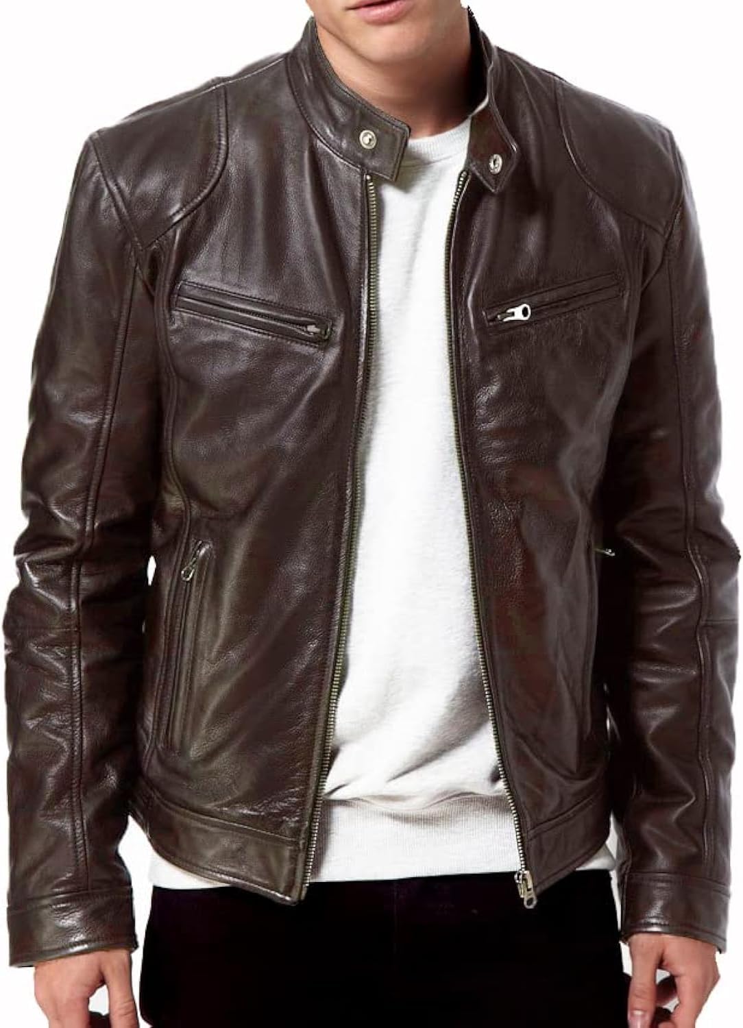 Men Black Genuine Lambskin Leather Biker Jacket  BROWN MOTORCYCLE JACKETS FOR MEN