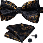 Black Gold Paisley Bow Tie for Men Adjustable Pretied Bow Tie Handkerchief Cufflinks