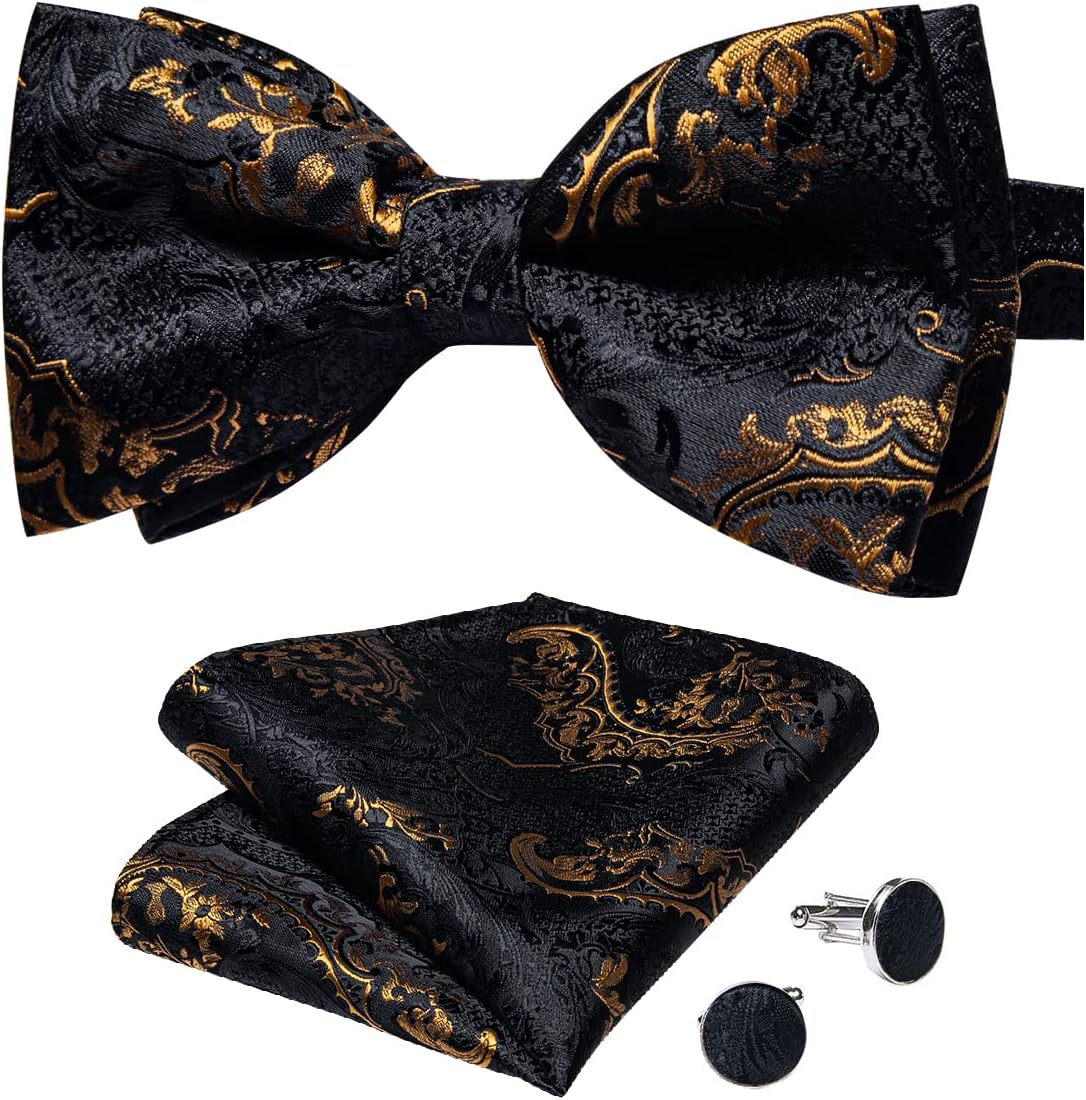 Black Gold Paisley Bow Tie for Men Adjustable Pretied Bow Tie Handkerchief Cufflinks