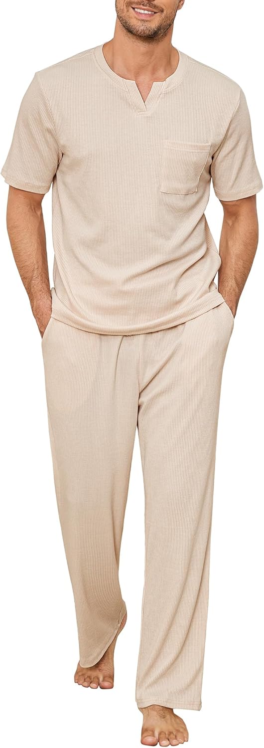 Mens Pajamas Set Soft Waffle Knit Short Sleeve Top and Pant Loungewear Sets 2 Piece Pjs with Pockets