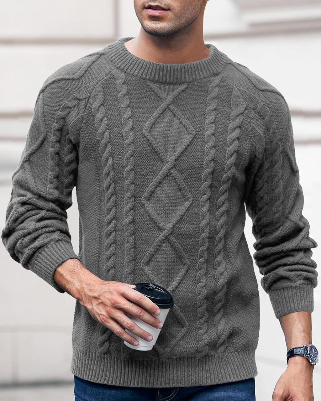 Mens Cable Knit Pullover Sweater Winter Crew Neck Long Sleeve Ribbed Vintage Sweaters