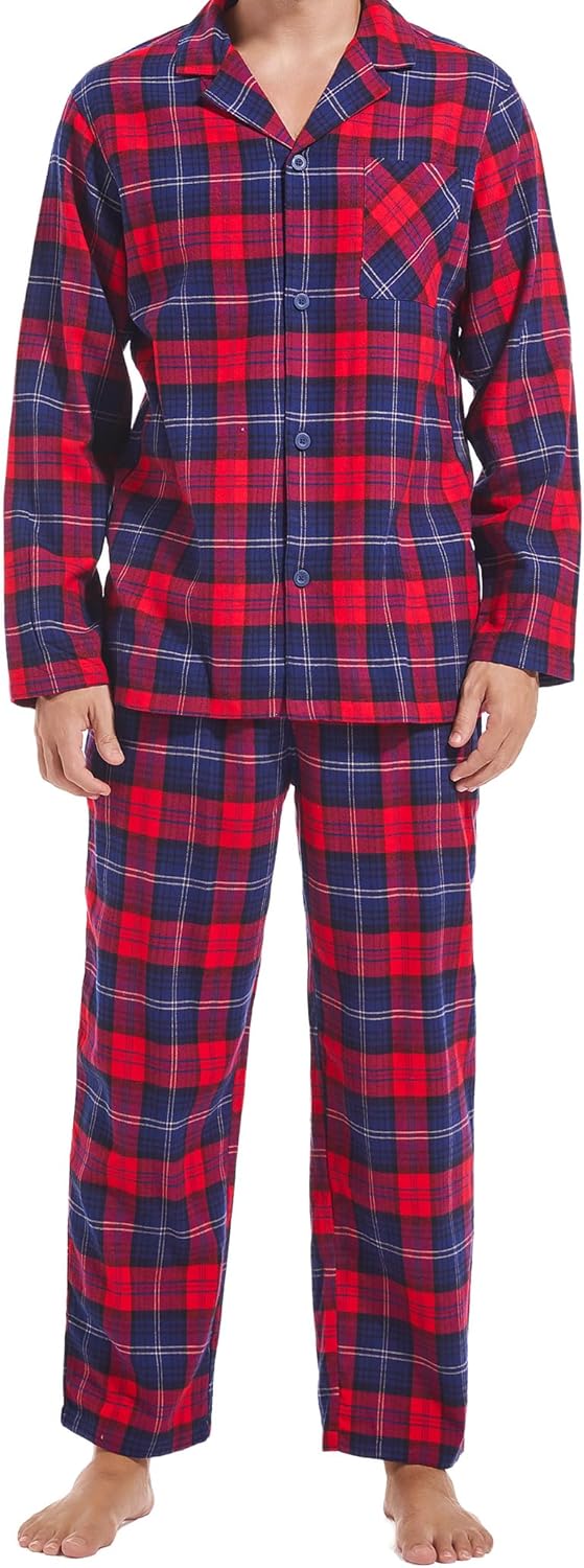 Men's Pajamas Set Flannel Pjs Sets Ultra-Soft Cotton Pajamas for Men Classic Plaid Lounge Set with Roomy Pockets