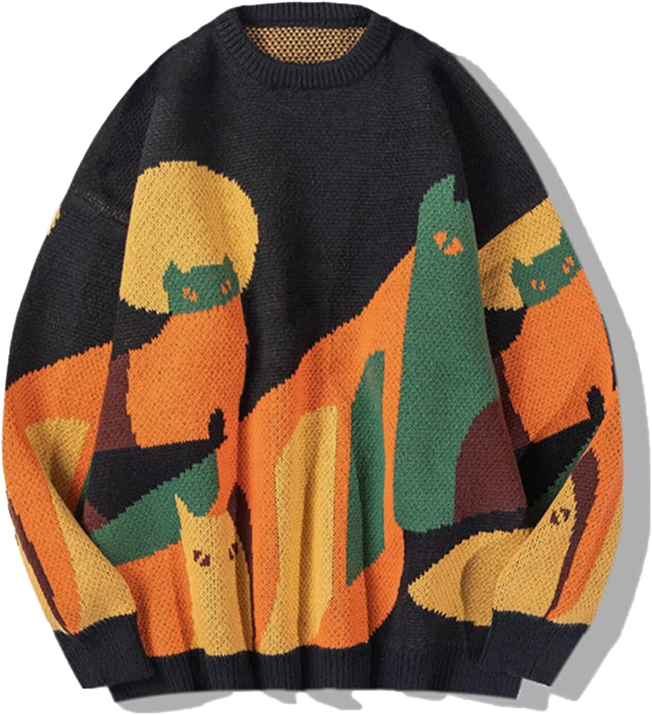 Graphic Sweaters Color Blocking Cat Sweater Vintage Oversized Crewneck Knit Pullover Christmas Tops
