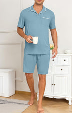 Mens Pajamas Set Summer Pjs Sets Lightweight Short Sleeve Pajama Soft Sleepwear Loungewear with Pockets