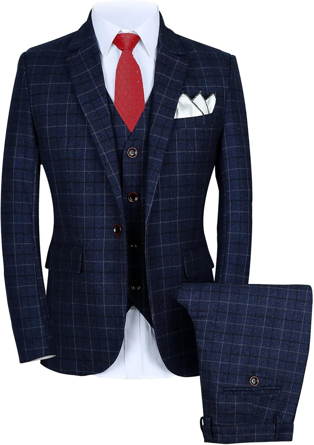 Men 3-Piece Slim Fit Plaid Suit - Blazer, Vest, and Pants Set for Wedding, Prom, and Business