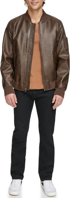 Men Faux Leather Varsity Bomber Jacket