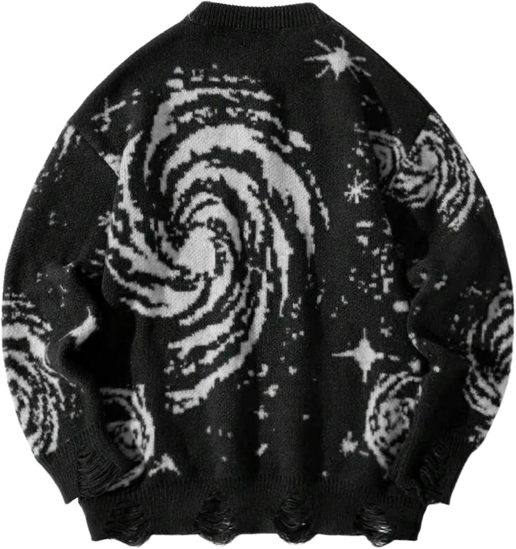 Men's Hip Hop Casual Sweater Crew Neck Baggy Distressed Holes Vintage Starry Sky Pattern Pullover Knitwear Sweater
