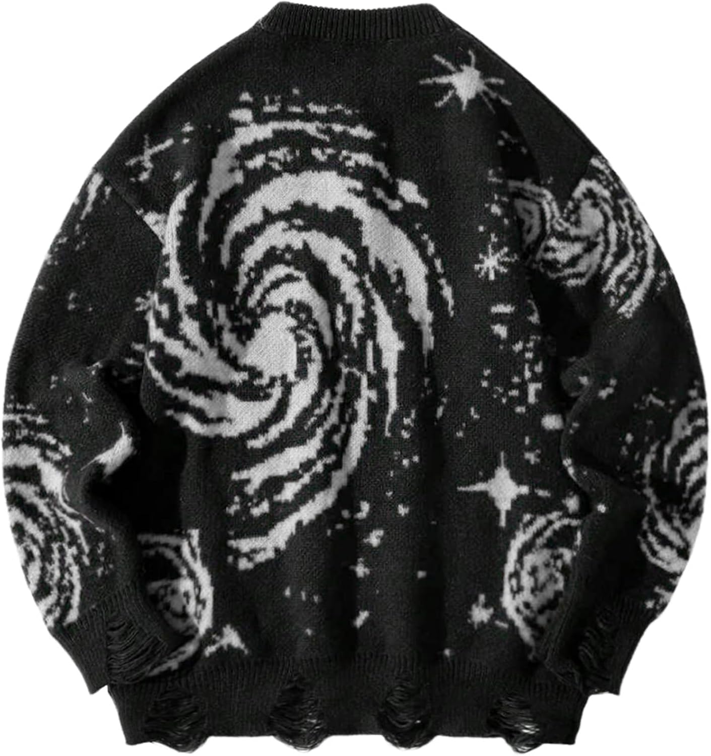 Men's Hip Hop Casual Sweater Crew Neck Baggy Distressed Holes Vintage Starry Sky Pattern Pullover Knitwear Sweater