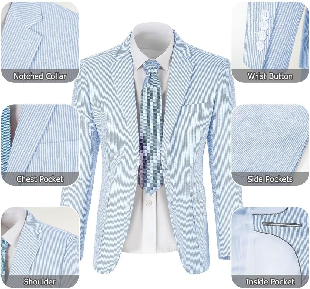 Seersucker Slim Suits for Men Formal Casul Summer Beach Wedding Grooms 2 Piece Blazer Pants Party Striped Suit Sets