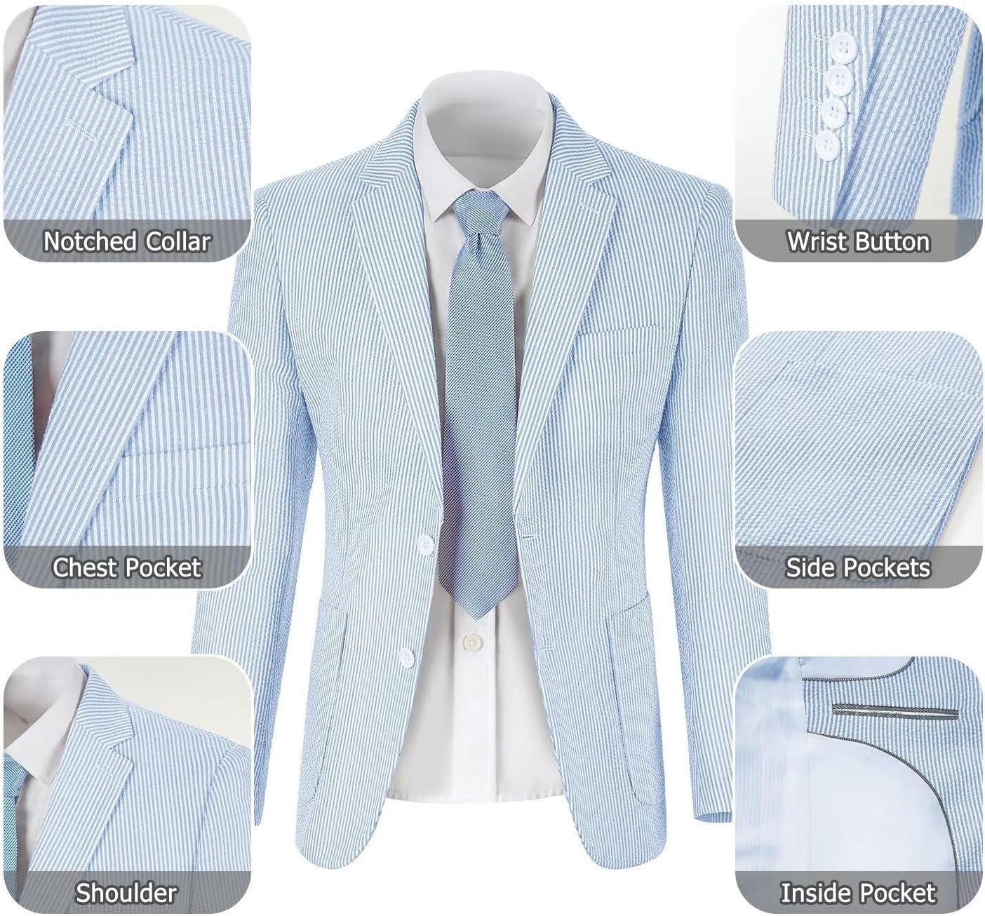 Seersucker Slim Suits for Men Formal Casul Summer Beach Wedding Grooms 2 Piece Blazer Pants Party Striped Suit Sets