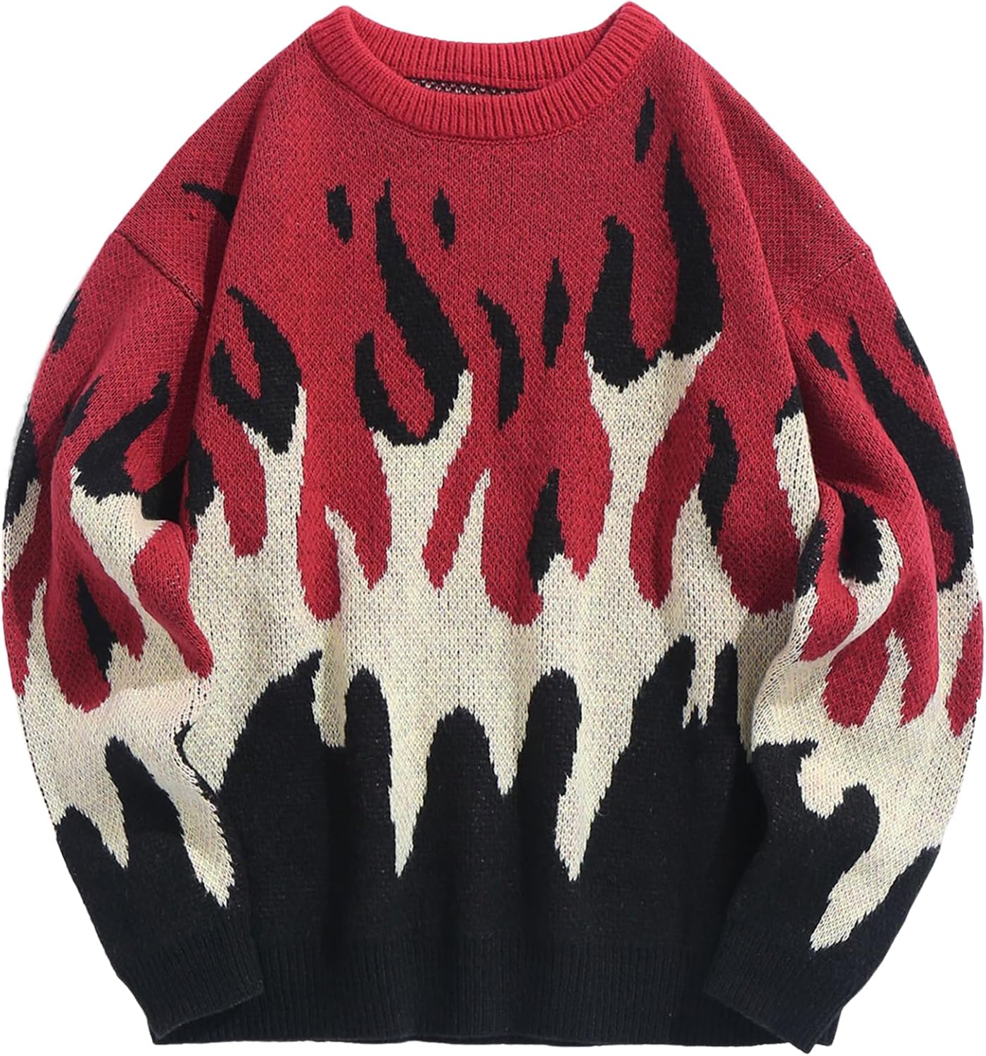 Men's Oversized Sweater Y2K Aesthetic Flame Graphic Crewneck Knit Pullover Unisex Casual Sweaters