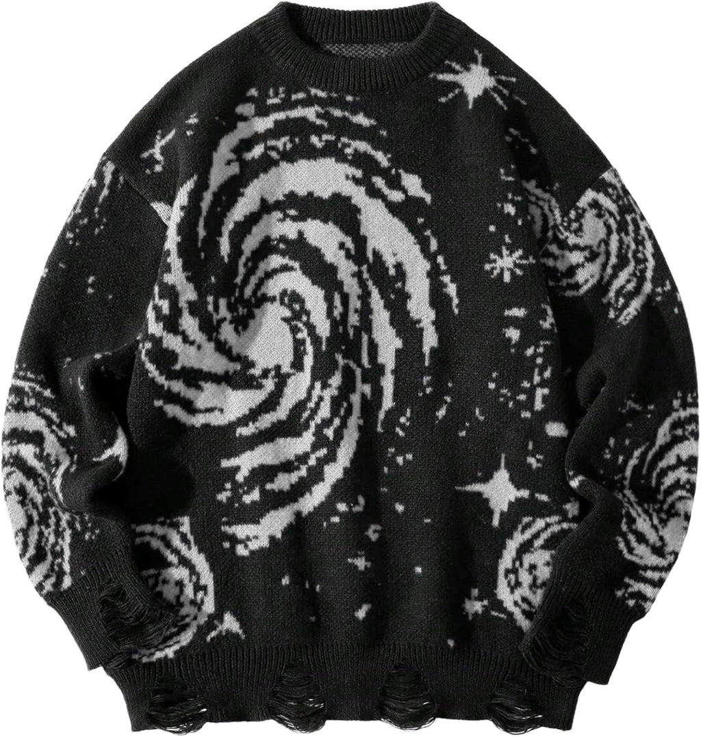 Men's Hip Hop Casual Sweater Crew Neck Baggy Distressed Holes Vintage Starry Sky Pattern Pullover Knitwear Sweater