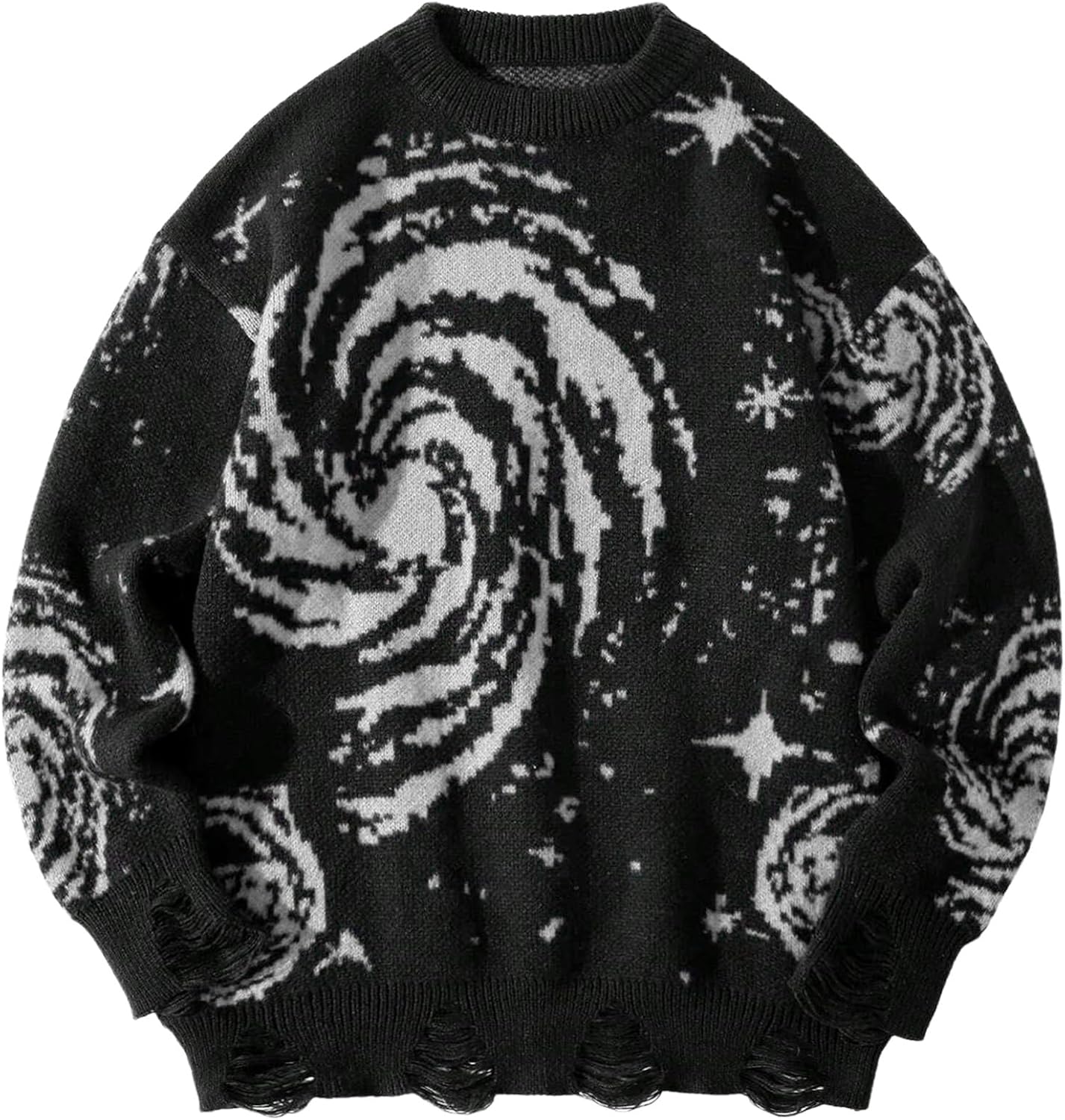 Men's Hip Hop Casual Sweater Crew Neck Baggy Distressed Holes Vintage Starry Sky Pattern Pullover Knitwear Sweater