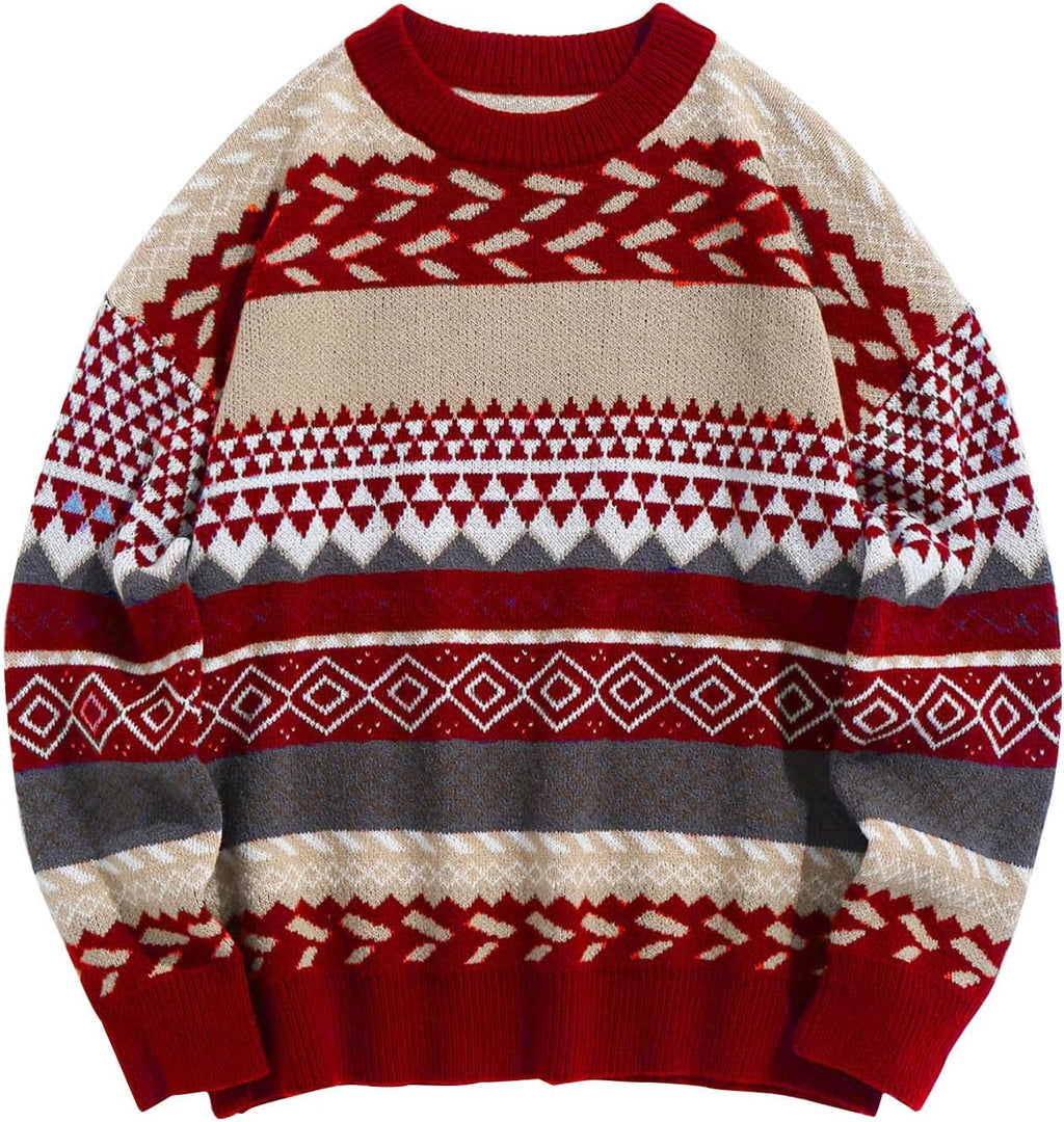 Men's Vintage Grandpa Sweater Crewneck Oversized Striped Aztec Cable Knit Pullover Unisex Jumper Tops