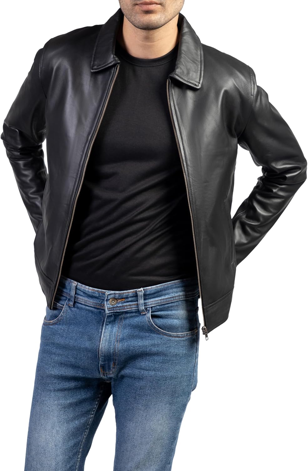 Polo Collar Premium Leather Jacket Men - Old School Classic Style Everyday Wear Real Lambskin Men Leather Jacket