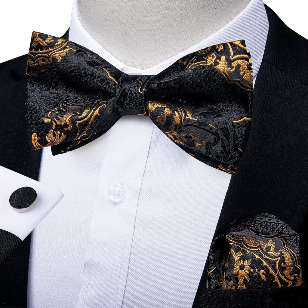 Black Gold Paisley Bow Tie for Men Adjustable Pretied Bow Tie Handkerchief Cufflinks