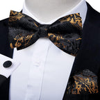 Black Gold Paisley Bow Tie for Men Adjustable Pretied Bow Tie Handkerchief Cufflinks