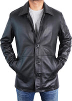 Men Classic Winter Leather Car Coat 3/4 Length - Button Up Real Lambskin Long Jacket
