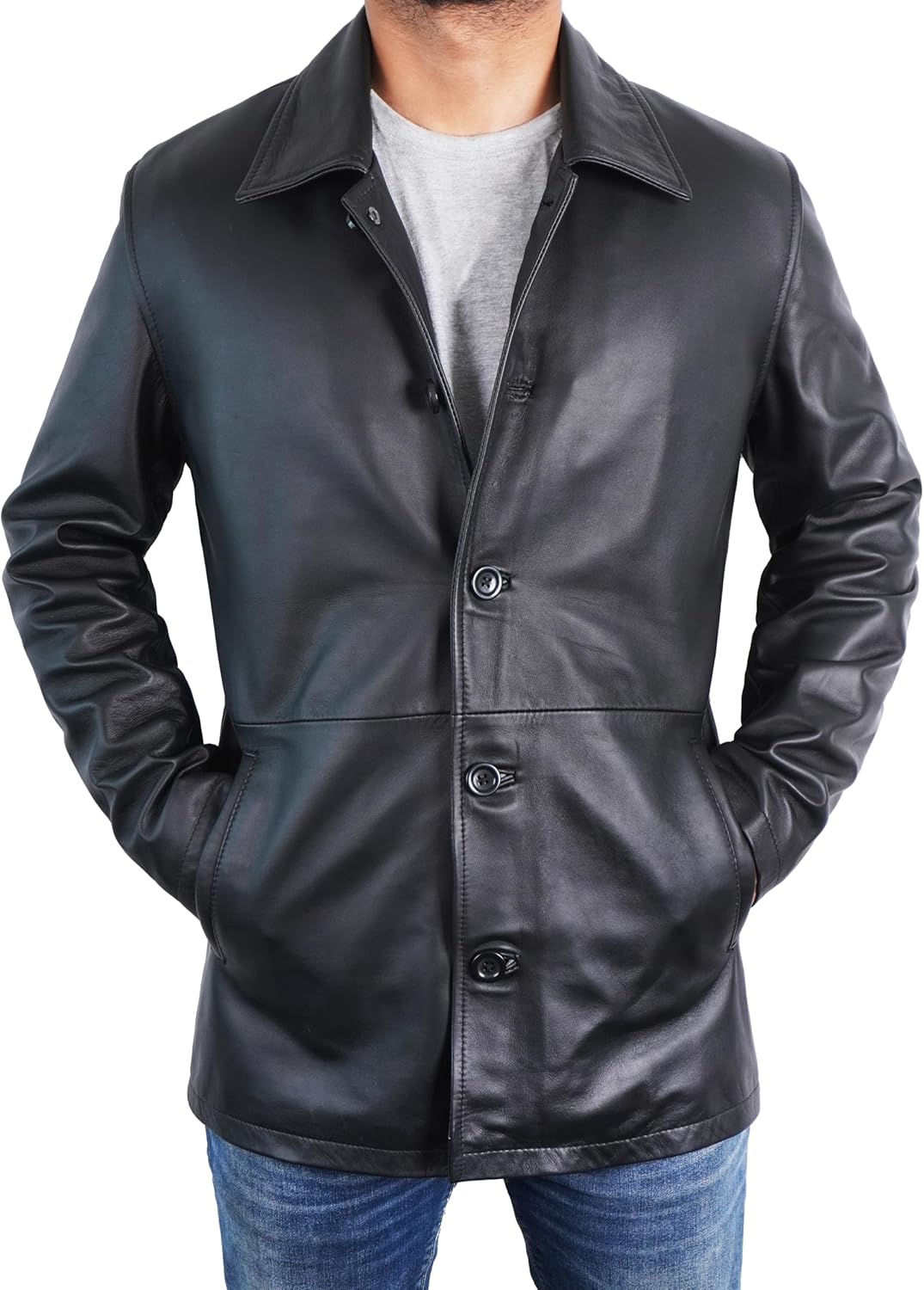 Men Classic Winter Leather Car Coat 3/4 Length - Button Up Real Lambskin Long Jacket