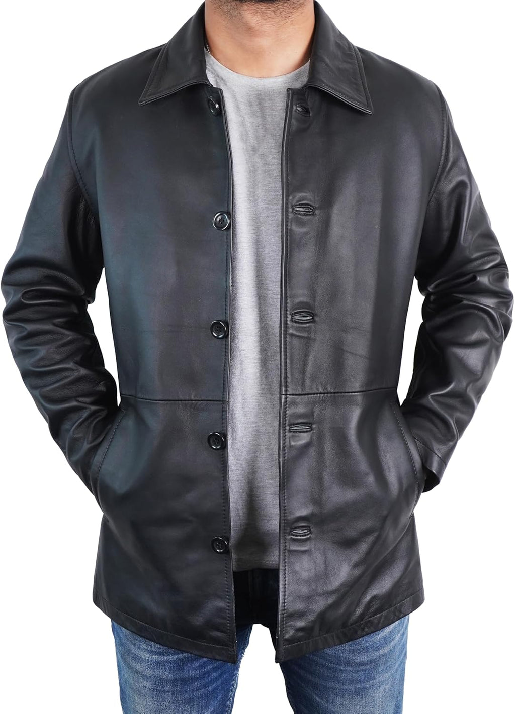 Men Classic Winter Leather Car Coat 3/4 Length - Button Up Real Lambskin Long Jacket