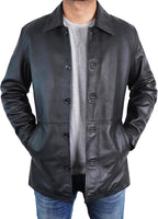 Men Classic Winter Leather Car Coat 3/4 Length - Button Up Real Lambskin Long Jacket