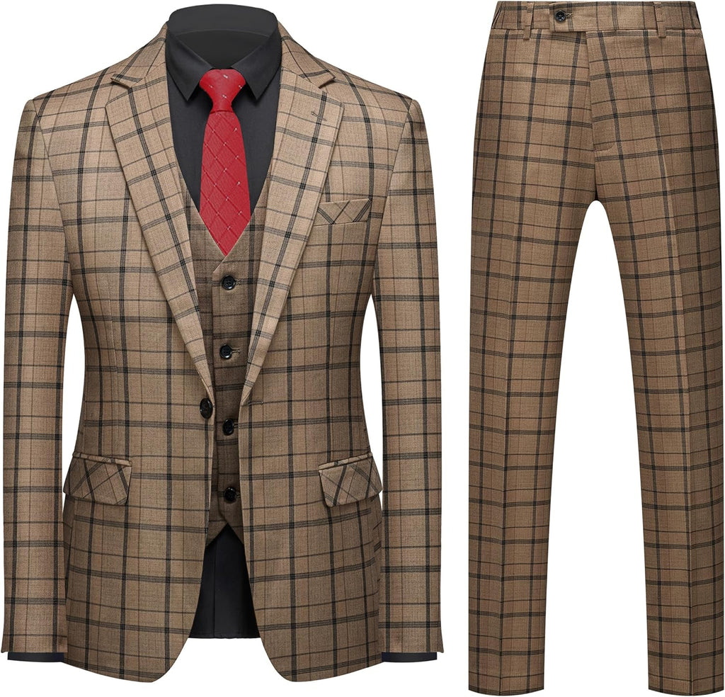 Men 3-Piece Slim Fit Plaid Suit - Blazer, Vest, and Pants Set for Wedding, Prom, and Business